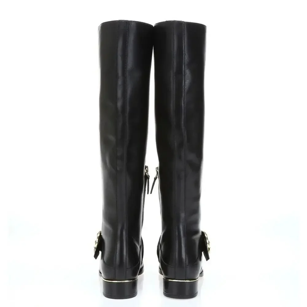 Tory Burch Sophia Black Leather Tall Riding Side Zip Boots 7M Gold Accents Logo